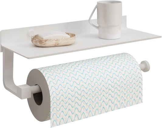 Paper Towel Holder Wall Mount for Bathroom Hand Towel Holder for Bathroom Black Paper Towel Holder with Shelf (White)