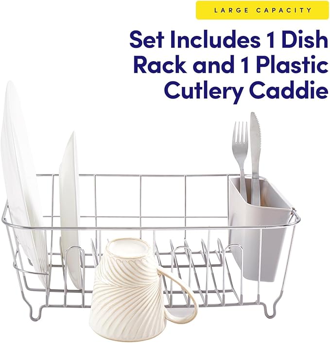 Dish Drying Rack & Cutlery Holder 2 Piece Set - Compact Sink-Fitting Dish Drainer with Rubberized Undercoating, Space-Saving Kitchen Organizer for Plates, Cups, Bowls & Utensils in Sink, Silver - Image 3