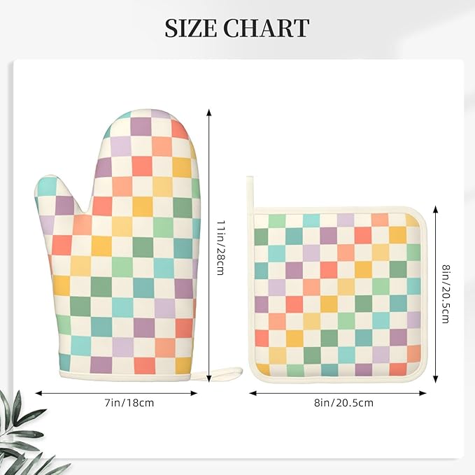 Vintage Checkered Silicone Oven Mitts Pan Mats Set of 2, Heat Resistant Gloves Potholder with Non-Slip Grips Hanging Loops Pot Holder, Spring Summer for Chef Cooking, Baking, Grilling, BBQ