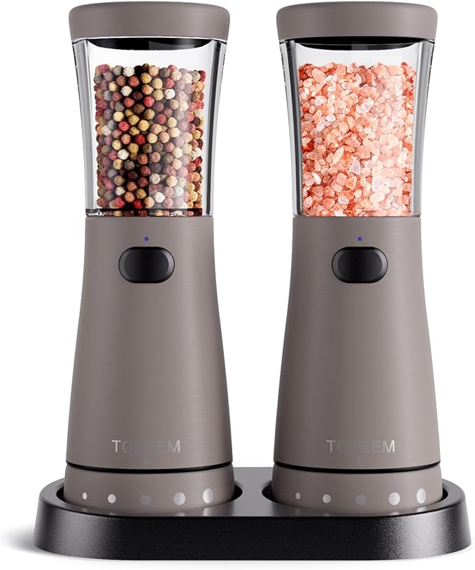 Electric Salt and Pepper Grinder Set with Storage Base, Stainless Steel Rechargeable Salt and Pepper Grinder Set with 4.5 oz Large Capacity, 1.8" Wide Mouth, Adjustable Coarseness, Ideal for Kitchen by Tomeem