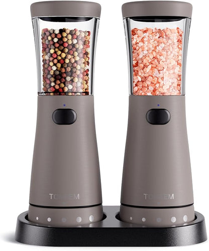 Electric Salt and Pepper Grinder Set with Storage Base, Stainless Steel Rechargeable Salt and Pepper Grinder Set with 4.5 oz Large Capacity, 1.8" Wide Mouth, Adjustable Coarseness, Ideal for Kitchen by Tomeem