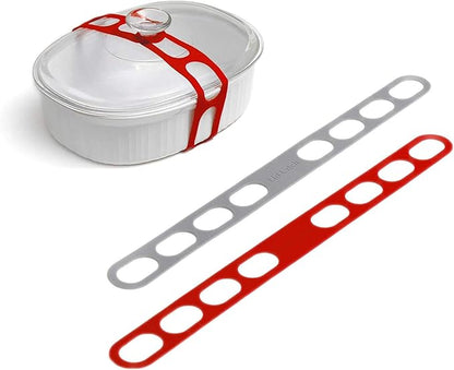 Lid Latch the reusable universal lid securing strap for crockpots, casserole dishes, pots, pans and more. Make it easy to transport your favorite dishes with one simple strap. (Polybag Red/Grey)