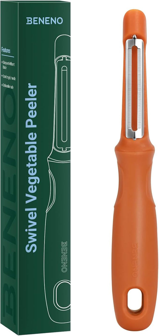 Beneno Swivel Vegetable Peeler, Razor-Sharp Smooth Peeling Potato Peelers with Stainless Steel Blades, Ergonomic Comfort Non-Slip Rubber Handle, Durable Kitchen Peelers with Potato Eye Remover, Orange by Beneno