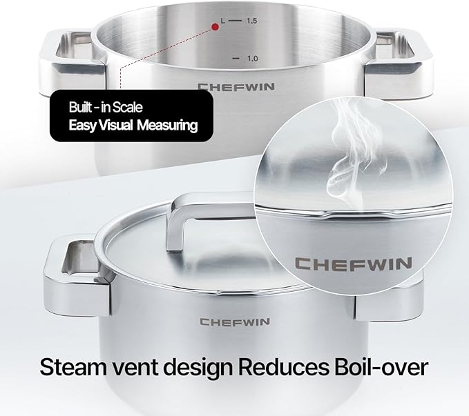 316 Stainless Steel 1.9 Quart Durable Sauce Pot with Lid Casserole, 5Ply, Induction Cookware, Dishwasher Safe, Cool-Touch Silicone Handle
