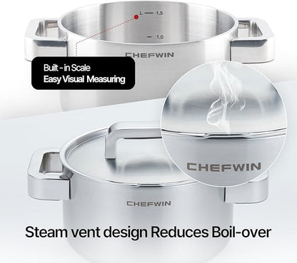 316 Stainless Steel 1.9 Quart Durable Sauce Pot with Lid Casserole, 5Ply, Induction Cookware, Dishwasher Safe, Cool-Touch Silicone Handle
