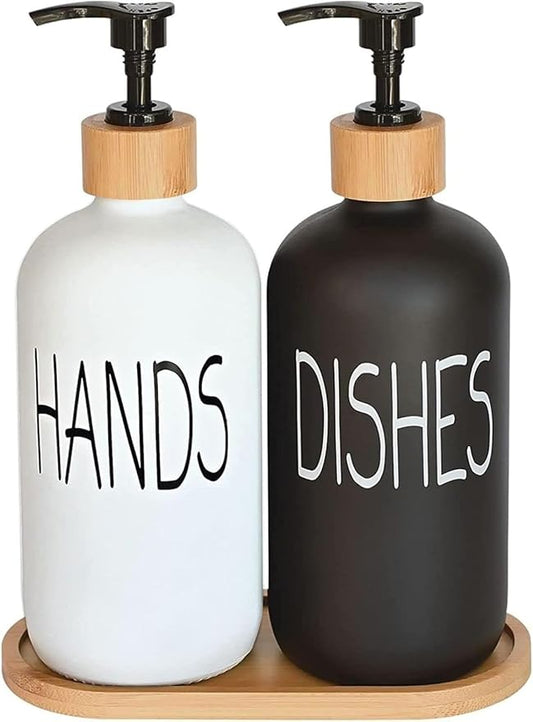 Glass Soap Dispenser Set, Hand Soap and Dish Soap Dispenser with Bamboo Tray. Vintage Soap Dispenser with Pump for Kitchen Drain Outlet and Bathroom. Stylish Permanent Labels (Matte Black&White) by DIDROOM