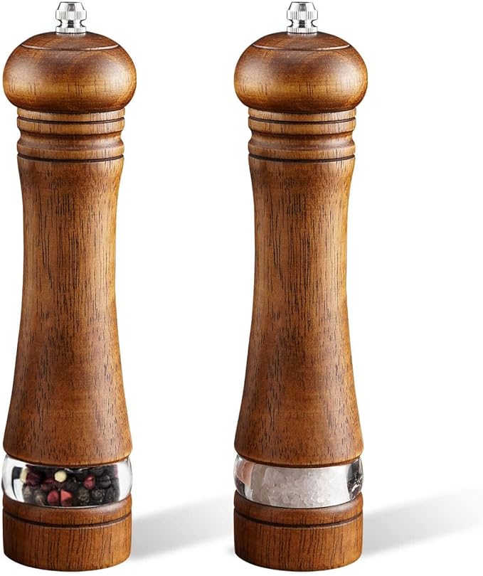2-Piece Salt and Pepper Grinder Set, 8 Inch Wooden Salt and Pepper Mills with Adjustable Coarseness, Refillable Manual Pepper Mill Grinder for Home Cooks (Brown)