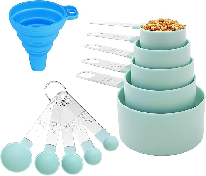 Measuring Cups and Spoons Set of Huygens Kitchen Gadgets 10 Pieces, Stackable Stainless Steel Handle Measuring Cups for Measuring Dry and Liquid Ingredient (Lake blue) by Huygens