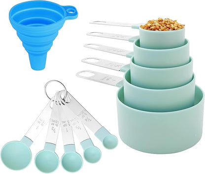 Measuring Cups and Spoons Set of Huygens Kitchen Gadgets 10 Pieces, Stackable Stainless Steel Handle Measuring Cups for Measuring Dry and Liquid Ingredient (Lake blue) by Huygens