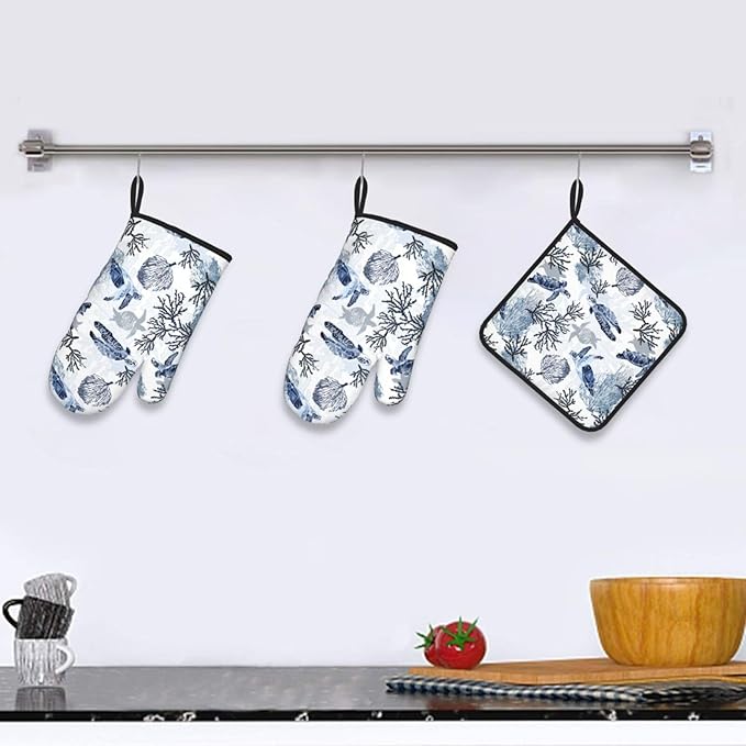 Navy Blue Ocean Sea Turtle Oven Mitts and Pot Holders Sets of 3, Heat Resistant Non-Slip Gift for Cooking Enthusiasts, Coastal Beach Nautical Coral Kitchen Gloves for Baking BBQ Cooking Grilling Decor - Image 2