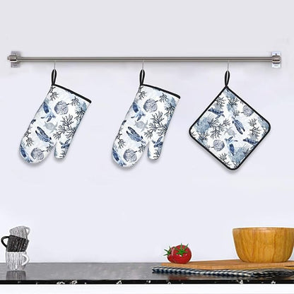 Navy Blue Ocean Sea Turtle Oven Mitts and Pot Holders Sets of 3, Heat Resistant Non-Slip Gift for Cooking Enthusiasts, Coastal Beach Nautical Coral Kitchen Gloves for Baking BBQ Cooking Grilling Decor - Image 2