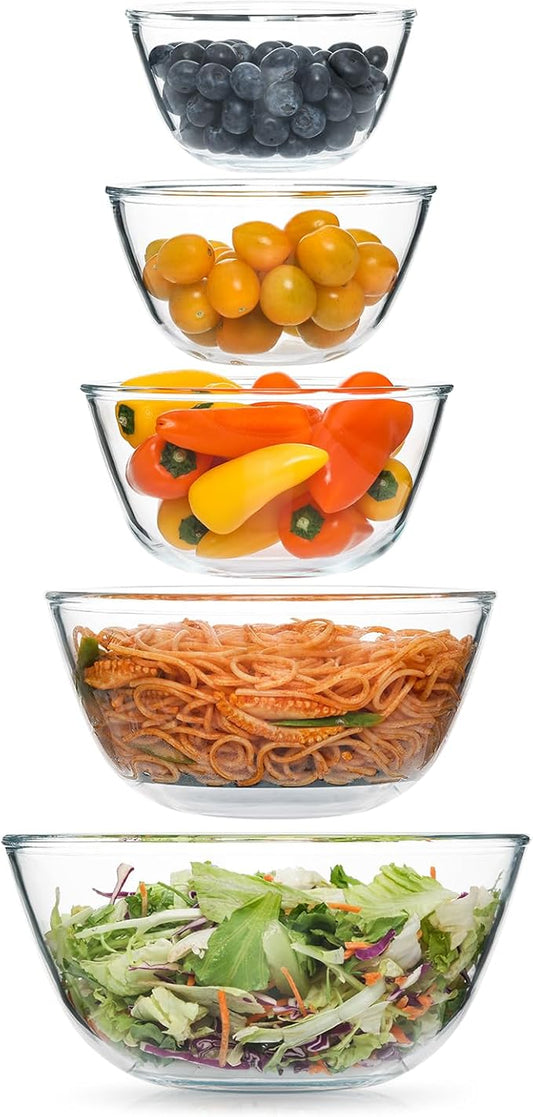 5pc Glass Mixing Bowls Sets (4.65QT, 2.80QT, 1.64QT, 1.16QT, 0.85QT), Glass Nesting Kitchen Thick Bowl for Baking, Cooking Prep, Storage, Large Salad Bowls Sets-Dishwasher Microwave Freezer Safe by Cuiselect