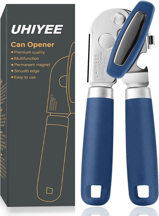 Manual Can Opener, UHIYEE Handheld Can Opener Heavy Duty with High Carbon Sharp Blade, Ease Can Open for Seniors with Comfort Grip Handles, Oversized Turn Knob, Blue