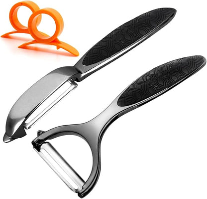 Vegetable Peeler, Potato Peelers for Kitchen Stainless Steel Multi-function Set Fruit Peeler For Kitchen and Household Tools Y & I Shape Swivel Blades with ​2 Orange Citrus Peelers(Black) by Leaflai