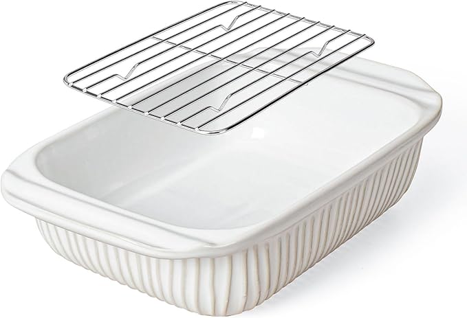 Artena Baking Dish 2.3 Quarts, Casserole Dishes For Oven, Baking Pan With Handles, Lasagna Pan Deep, Large Casserole Dish, Rectangular Ceramic Bakeware, White (Baking Dish With Rack) by Artena