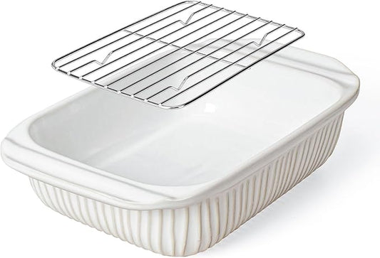 Artena Baking Dish 2.3 Quarts, Casserole Dishes For Oven, Baking Pan With Handles, Lasagna Pan Deep, Large Casserole Dish, Rectangular Ceramic Bakeware, White (Baking Dish With Rack) by Artena
