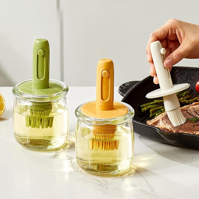 Retractable Oil Brush Dispenser, 2-in-1 Glass Olive Oil Bottle with Silicone Basting Brush — Adjustable Telescopic Design for Cooking, BBQ, and Baking (White/Green/Yellow) (YELLOW)