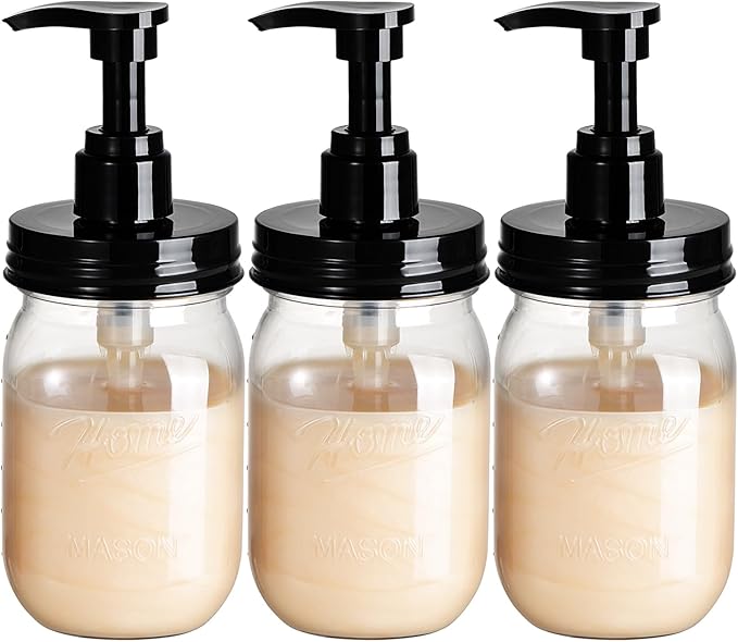 Amolliar Plastic Mason Jar Soap Dispenser with Pump Lid,16OZ Refillable BPA-Free Hand Soap Dispenser Set with Cute Lables - Farmhouse Decor for Kitchen/Bathroom,Liquid Soap,Dish Soap, Lotion (3 Pack) by Amolliar