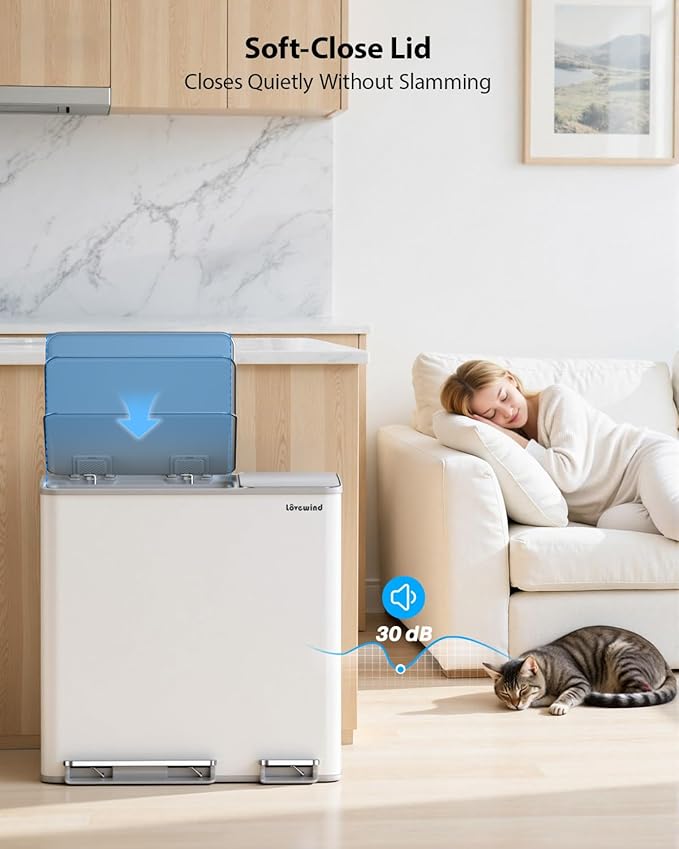 Lovewind Dual Trash Can, 14 + 6 Gallon Garbage Can for Kitchen Dual Compartment Recycling Kitchen Step Trash Bin, Stainless Steel Trash and Recycle Bin Combo with Soft-Close Lid, White - Image 4