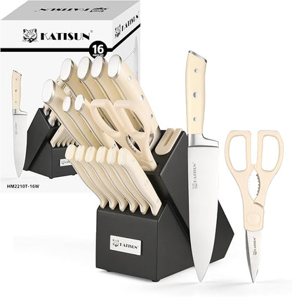 16 Pieces German Steel Knife Block Set, Extra-Long Creamy White Handles for Large Hands & Better Leverage, Professional Kitchen Knife Set with Sharpener & Shears, Modern Black Block by KATISUN