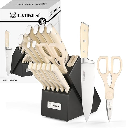 16 Pieces German Steel Knife Block Set, Extra-Long Creamy White Handles for Large Hands & Better Leverage, Professional Kitchen Knife Set with Sharpener & Shears, Modern Black Block by KATISUN
