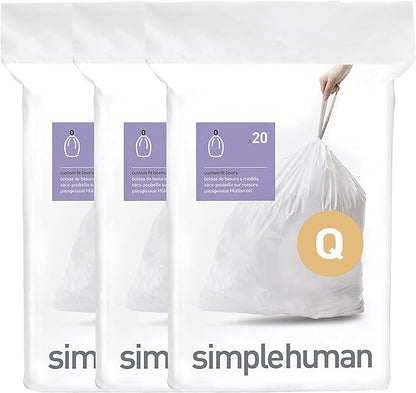 simplehuman Code Q 60 Count Custom Fit Liners, Drawstring Kitchen Trash Bags, One-by-One Mess-Free Dispense, Extra Thick & Double Seamed, 50% PCR Plastic, 50-65 Liter / 13-17 Gallon, White