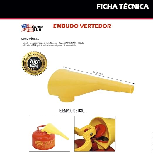 Eagle Plastic Funnel for Type I Metal Safety Cans, 5"x 7"x 12", Made of Chemically Resistant High-Density Polyethylene, Yellow, Made in the USA, F15FUN (Pack of 2) - Image 6