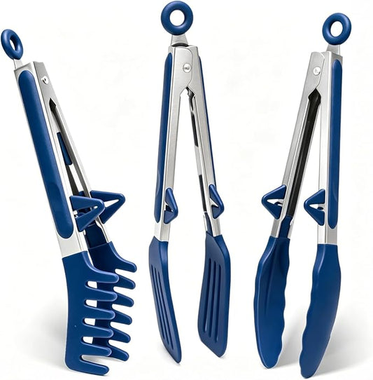 Kitchen Tongs, 9 Inch Tongs for Cooking with Silicone Tips, Food Grade Small Silicone Tongs, Mini Serving Tongs for Nonstick Pans, BBQ, Salad, Set of 3, Blue by TOWINGO