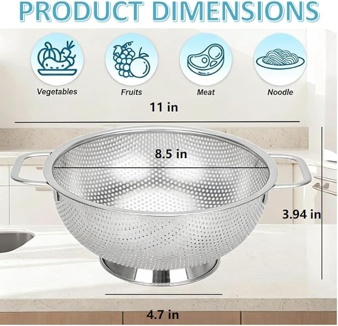 304 Stainless Steel Colander, Micro-Perforated 3-Quart Strainer with Base, Dishwasher Safe. Great for Pasta, Noodles, Vegetables & Fruits - Image 2