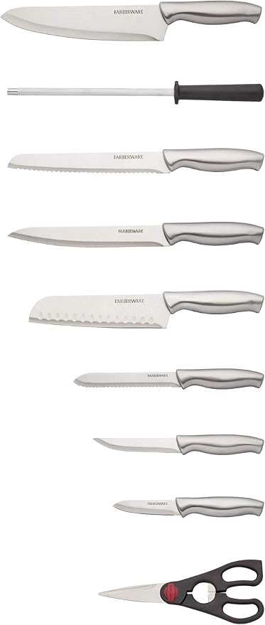 Farberware 15-Piece Stamped Stainless Steel Knife Block Set, High-Carbon Stainless Steel Kitchen Knife Set with Ergonomic Handles, Razor-Sharp Knives with Wood Block, 15-Piece Set, Graphite - Image 3
