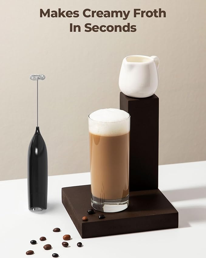SIMPLETASTE Milk Frother Handheld Electric Foam Maker, Drink Mixer with Stainless Steel Whisk for Cappuccino, Bulletproof Coffee, Latte, Midnight Black, without Stand, Battery Operated - Image 3