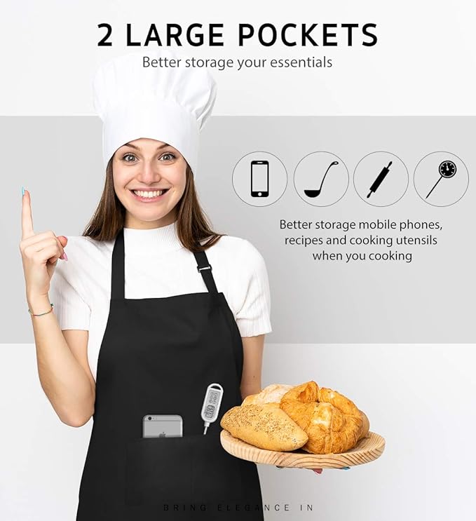 Syntus 12 Pack Bib Apron, Unisex Aprons Adjustable Thicker Version Waterdrop Resistant with 2 Pockets Cooking Kitchen Aprons for Women Men Chef, BBQ Drawing Apron Bulk, Black - Image 4