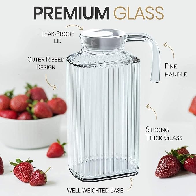 Fridge Pitcher Set of 2– 60 OZ. Glass Water Pitcher with Lid By Home Essentials & Beyond Practical and Easy to use. Great for Lemonade, Iced Tea, Milk, Cocktails and more Beverages.