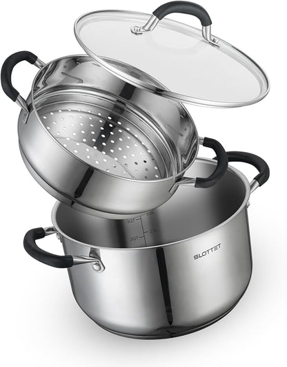 SLOTTET 6 Quart Stainless Steel Stock Pot with Steamer,6 Qt Multipurpose Stockpot with Stay-cool silicone Handle and Glass Lid,Soup Pot for Cooking