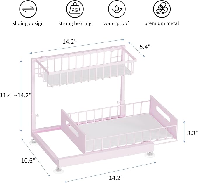 Saydear Under Sink Organizer Storage 2-Tier Premium Metal Pull-Out Kitchen Cabinet Organizer with Sliding Drawer, Height Adjustable, Heavy Duty for Kitchen & Bathroom Organizers 1 Pack Pink - Image 6