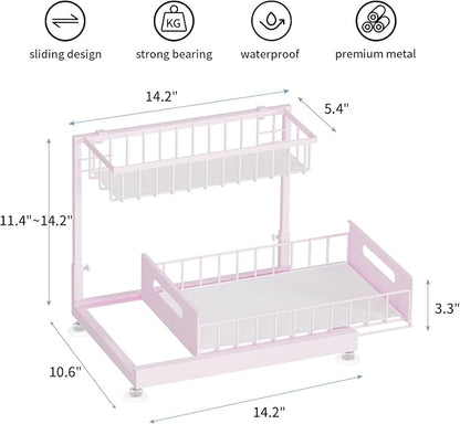 Saydear Under Sink Organizer Storage 2-Tier Premium Metal Pull-Out Kitchen Cabinet Organizer with Sliding Drawer, Height Adjustable, Heavy Duty for Kitchen & Bathroom Organizers 1 Pack Pink - Image 6