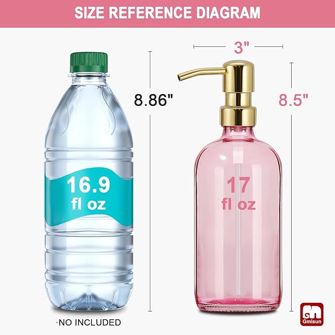 GMISUN Pink Soap Dispenser Bathroom, 1 Pack Glass Dish Soap Dispensers for Kitchen with Rustproof Plastic Gold Pump, 17 Fl Oz Bathroom Hand Soap Dispenser, Modern Liquid Dishwashing Dispensers Bottle - Image 2