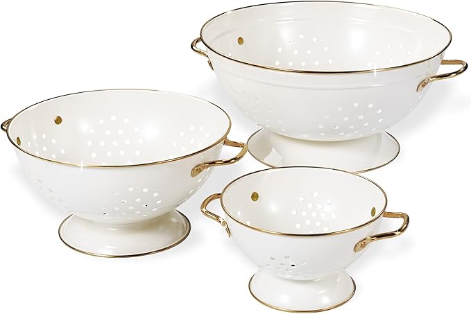 Metal Colander Set of 3, Strainer Basket with Handles perfect for Spaghetti, Pasta, Berry, Vegetable, Fruit, Solid Base Powder Coated Kitchen Essential Strainer Set, 1 & 3.5 & 5 Qt (Cream) by Unknown