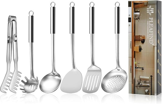 Pleafind Stainless Steel Cooking Utensils Set, 6 Pcs Heat Resistant Kitchen Utensils Set, Nonstick Kitchen Tools for Cooking, Baking, Metal Spatula Set for Chef, Dishwasher Safe