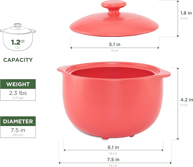 MINH LONG 1-Qt Porcelain Dutch Oven with Lid – Lead & Cadmium Free, Oven Safe to 482°F, Heat Retention, Clay Pot for Cooking on Gas & Infrared Cooktop, Use to Marinate, Cook, Bake, Refrigerate & Serve