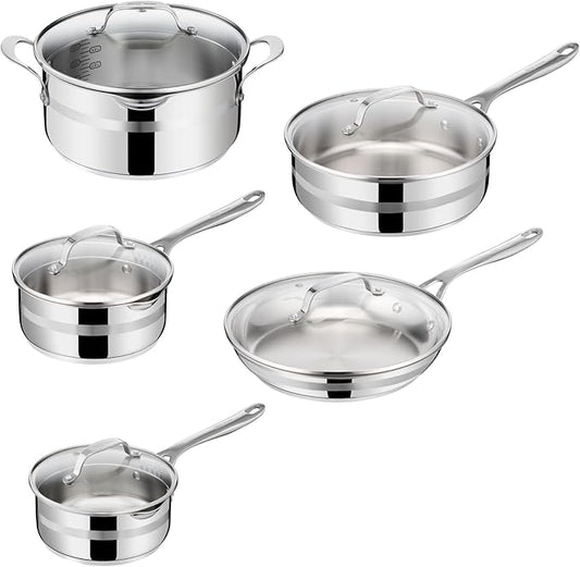 Jamie Oliver by T-fal Cook Smart 10-Piece Cookware Set, Uncoated Stainless Steel, Robust, Fast Heating, Even Cooking, Riveted Handle, Induction safe, Oven and dishwasher safe by T-falbrand