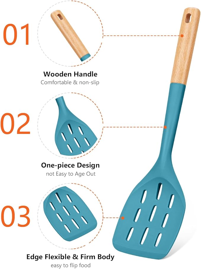 Pack of 2 Silicone Spatula, Non Stick Cooking Utensil Set Wooden Handle Kitchen Turner for Baking Mixing Grilling Serving Food Heat Resistant Non Scratch Hooks Included (Blue) - Image 3