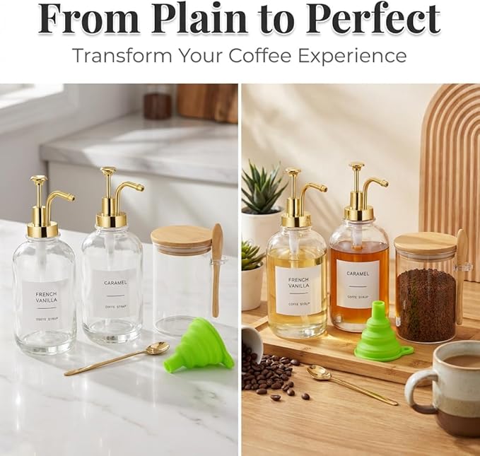 Coffee Bar Accessories, Coffee Syrup Dispenser-2 Pcs16.9 oz, Syrup Pump Dispenser for Coffee Bar, with Glass Bamboo Lid Jar with Spoon, Gold Pump Syrup Dispenser with Labels - Image 4