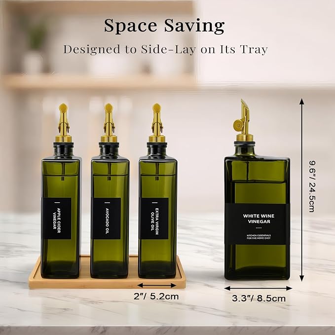 Olive Oil Dispenser Bottle for Kitchen with Bamboo Tray- Glass Oil and Vinegar Dispenser Set 16.9oz, Soy Sauce & Syrup Bottle, Modern Hostess Gift (Green, 16.9oz, Set of 3) - Image 5