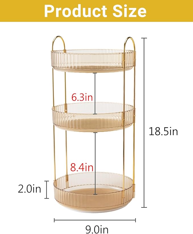 Asayuee 360 Rotating Makeup Organizer for Vanity,3 Tier Large Capacity Vanity Storage,Skincare Perfume Spinning Organizer,Bathroom Cosmetics Storage Makeup Stand Organizer (Gold-3 Tier) - Image 2