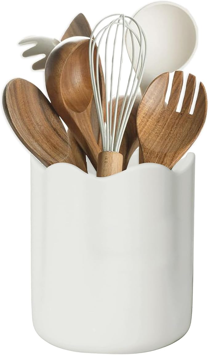 Ceramic Utensil Holder for Kitchen Counter, 6.2" Large Kitchen Utensil Holder for Countertop with Cork Bottom, Cooking Tool Organizer for Spatula, Matte White by Unknown