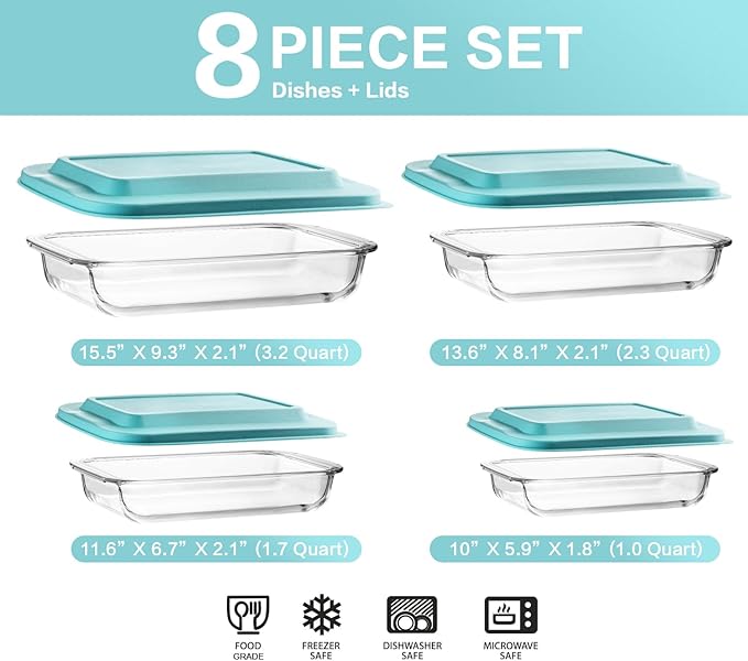 8-Piece Deep Glass Baking Dish Set with Plastic lids,Rectangular Glass Bakeware Set with Lids, Baking Pans for Lasagna, Leftovers, Cooking, Kitchen, Freezer-to-Oven and Dishwasher, Green - Image 2