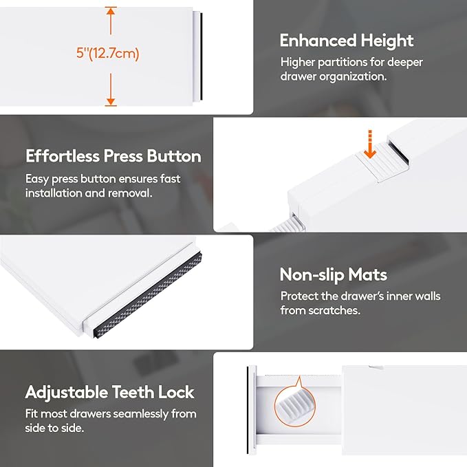 Lifewit 8 Pack 5" High Drawer Dividers 34-56cm/13.5-22" Adjustable Drawer Organizer for Clothes/Utensils, Expandable Drawer Separator in Dresser/Kitchen/Bedroom/Office Organization & Storage White - Image 6