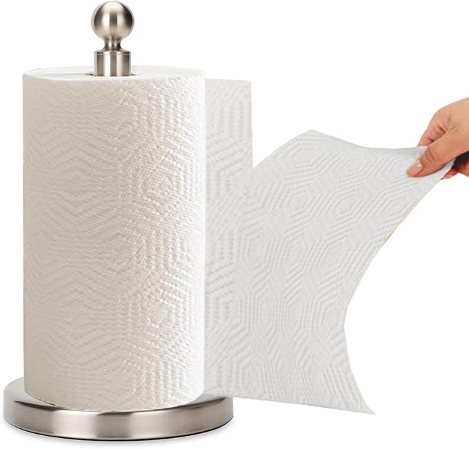 Kalitro Paper Towel Holder Countertop, Standing Paper Towel Roll Holder for Kitchen Bathroom, with Weighted Base for One-Handed Operation (Stainless Steel Base, Brushed Nickel) by Kalitro