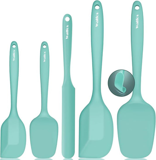 Walfos Silicone Spatula - 600°F High Heat Resistant Kitchen Spoon Spatulas（set of 5), Strong Steel Core and One-Pieces Design, For Cooking Mixing & Baking - BPA Free and Dishwasher Safe (Teal/Aqua) by Walfos